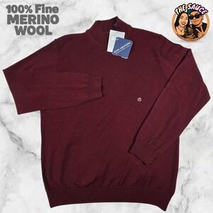 John Ashford 100% Fine‎ Merino Wool Mock Neck Sweater Mens Medium Burgundy  NWT